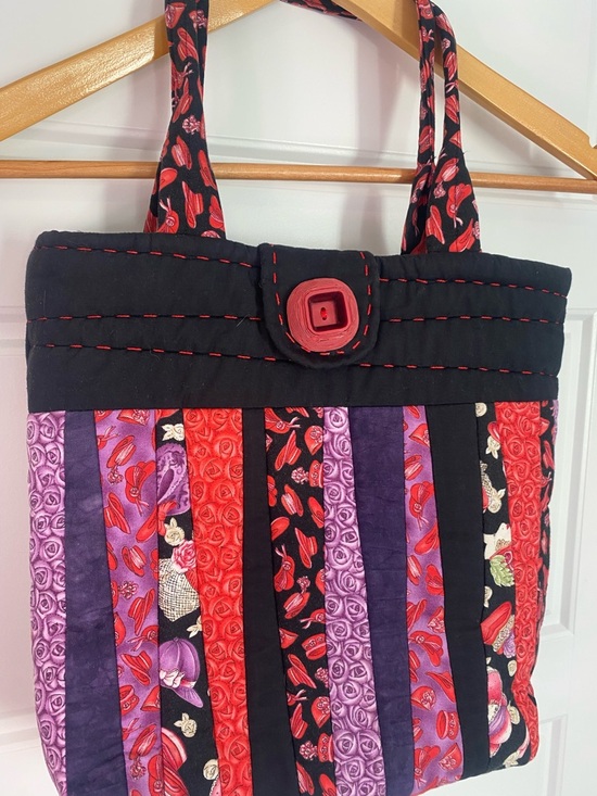 Handmade Quilted Striped Tote Bag in Black, Red & Purple “ Red Hat Society “ - Picture 2 of 11